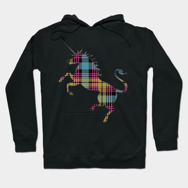 Scottish Pink, Blue and Yellow Tartan Rearing Unicorn Silhouette Hoodie by MacPean